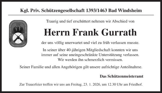 Traueranzeige von Frank Gurrath von Neustadt/ Scheinfeld/ Uffenheim