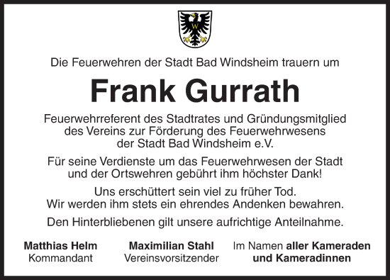 Traueranzeige von Frank Gurrath von Neustadt/ Scheinfeld/ Uffenheim