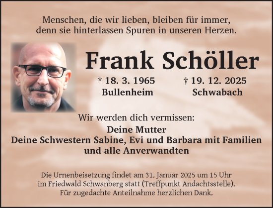 Traueranzeige von Frank Schöller von Neustadt/ Scheinfeld/ Uffenheim
