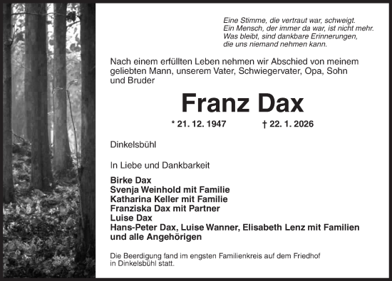 Traueranzeige von Franz Dax von Dinkelsbühl/ Feuchtwangen