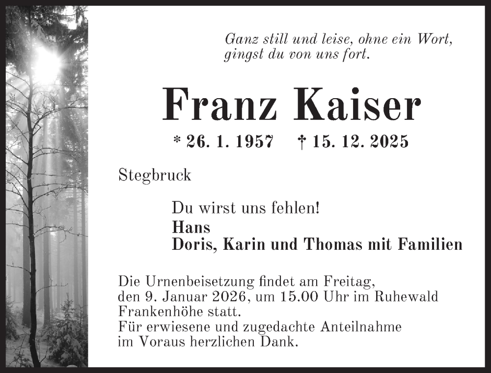  Traueranzeige für Franz Kaiser vom 05.01.2026 aus Dinkelsbühl/ Feuchtwangen