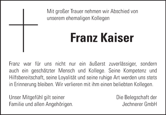Traueranzeige von Franz Kaiser von Dinkelsbühl/ Feuchtwangen