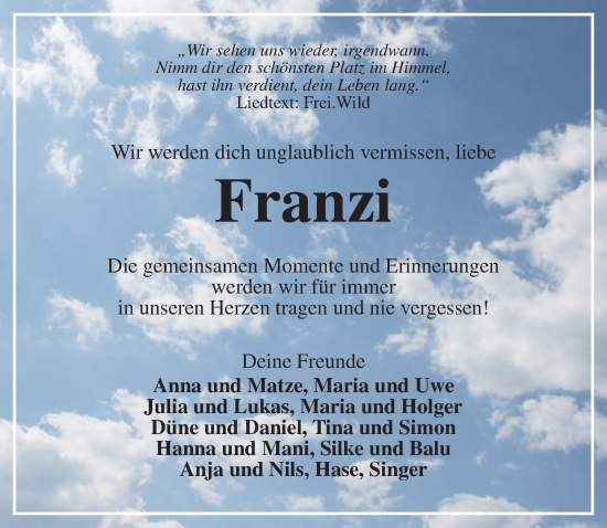 Traueranzeige von Franzi  von Neustadt/ Scheinfeld/ Uffenheim