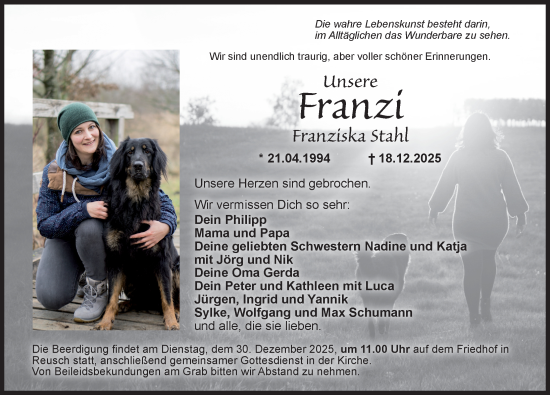 Traueranzeige von Franziska Stahl von Neustadt/ Scheinfeld/ Uffenheim