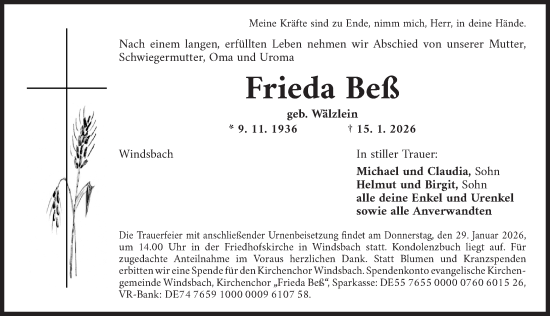 Traueranzeige von Frieda Beß von Ansbach