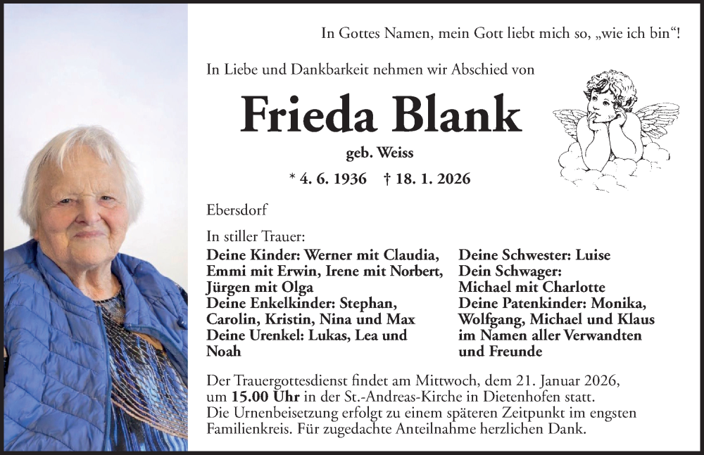  Traueranzeige für Frieda Blank vom 20.01.2026 aus Ansbach