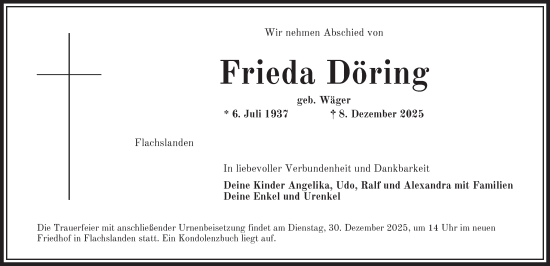 Traueranzeige von Frieda Döring von Ansbach