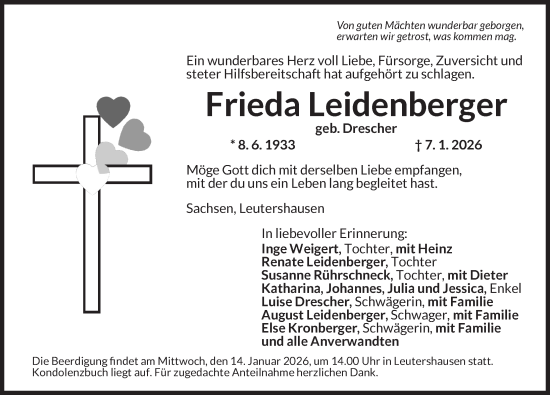 Traueranzeige von Frieda Leidenberger von Ansbach