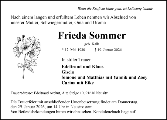Traueranzeige von Frieda Sommer von Rothenburg