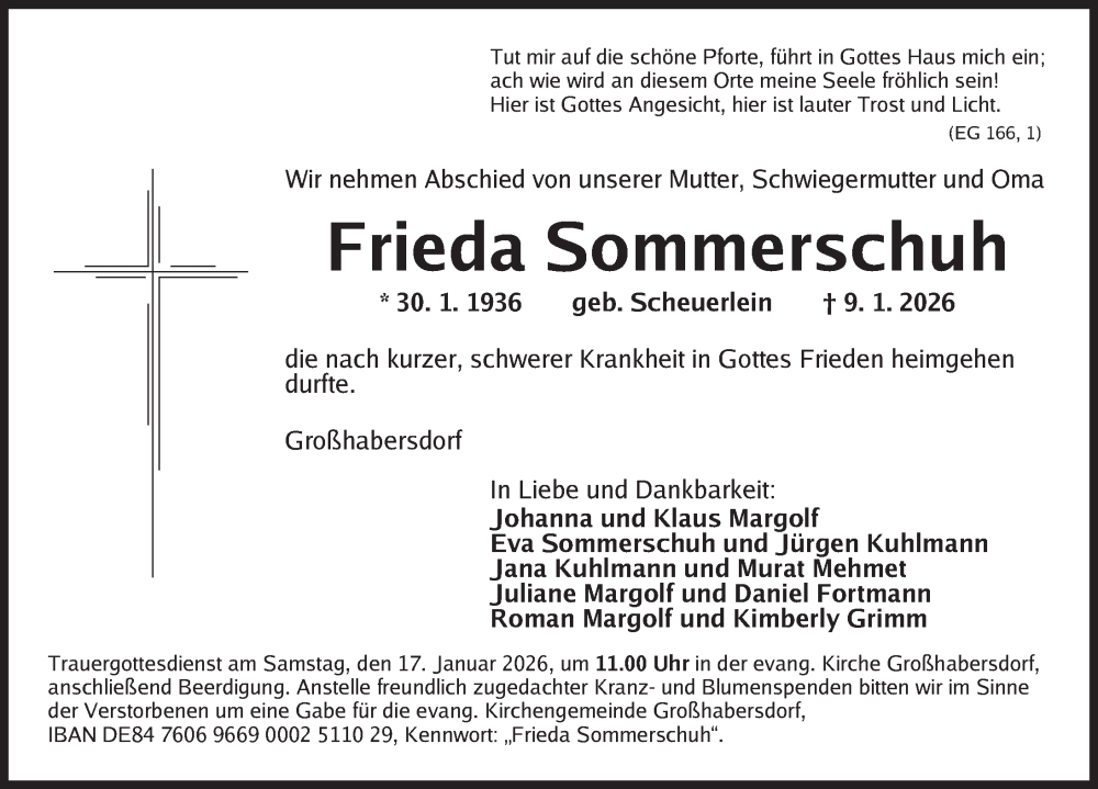  Traueranzeige für Frieda Sommerschuh vom 14.01.2026 aus Ansbach