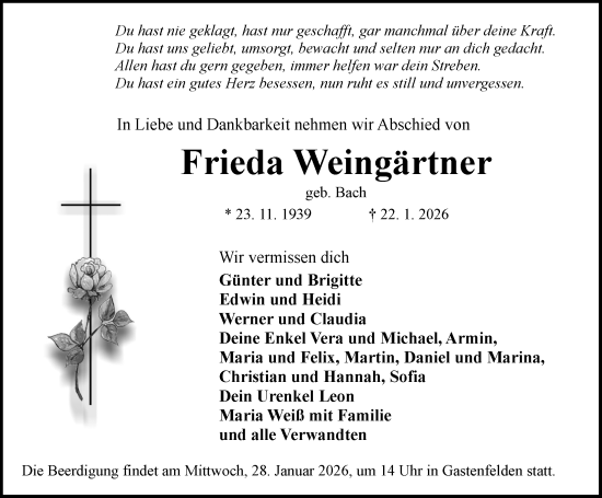 Traueranzeige von Frieda Weingärtner von Rothenburg
