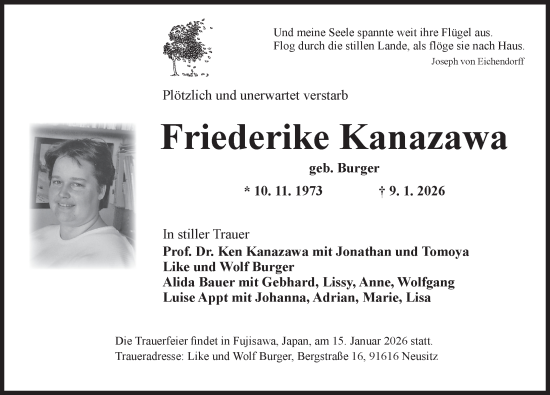 Traueranzeige von Friederike Kanazawa von Rothenburg