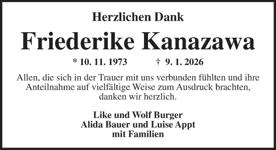 Traueranzeige von Friederike Kanazawa von Rothenburg