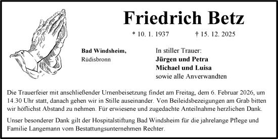 Traueranzeige von Friedrich Betz von Neustadt/ Scheinfeld/ Uffenheim
