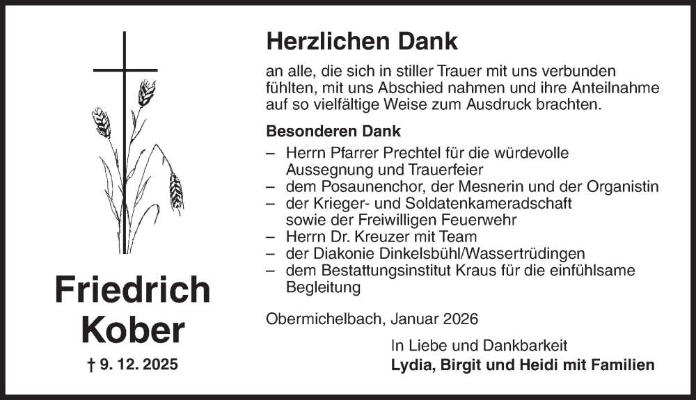  Traueranzeige für Friedrich Kober vom 03.01.2026 aus Dinkelsbühl/ Feuchtwangen