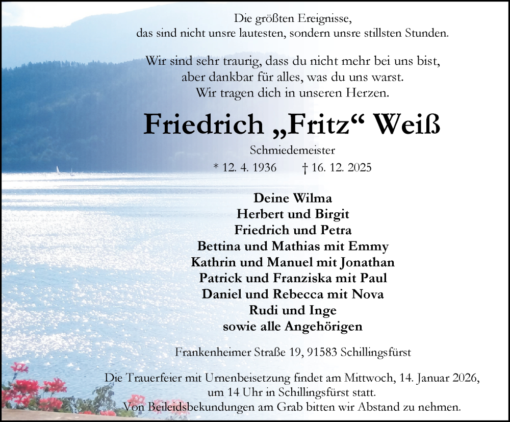  Traueranzeige für Friedrich Weiß vom 10.01.2026 aus Rothenburg