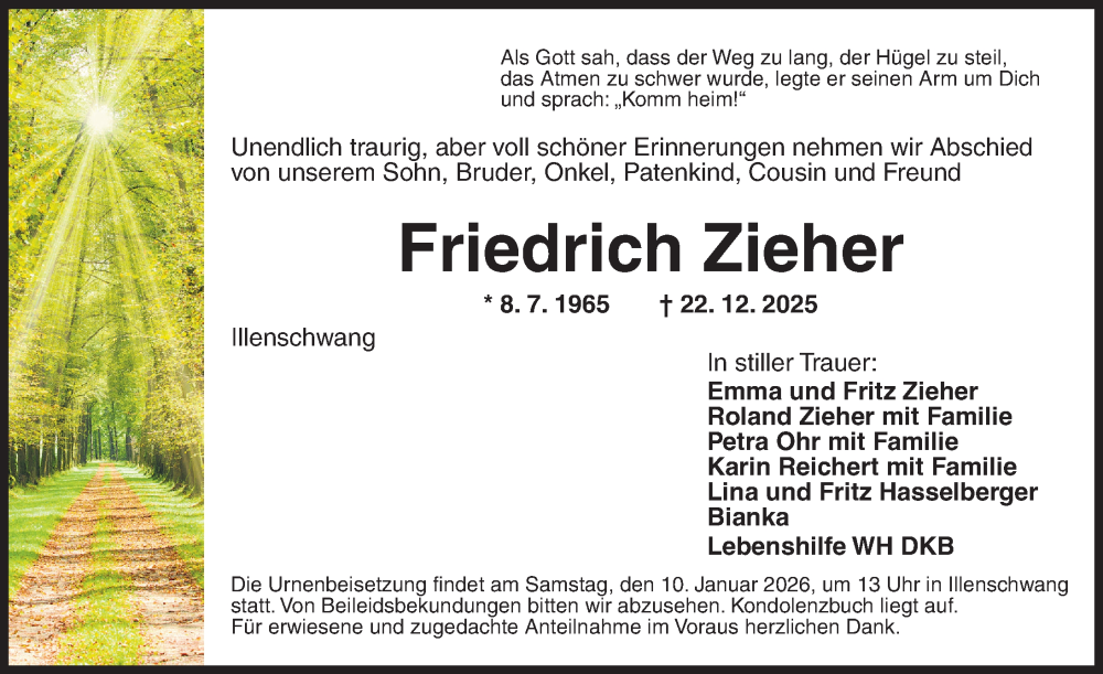  Traueranzeige für Friedrich Zieher vom 08.01.2026 aus Dinkelsbühl/ Feuchtwangen
