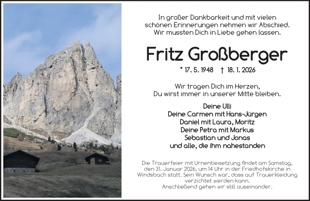  Traueranzeige für Fritz Großberger vom 28.01.2026 aus Ansbach