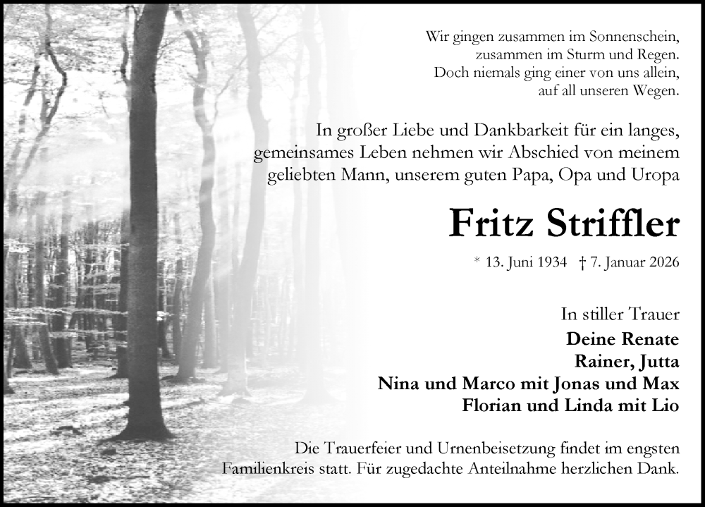  Traueranzeige für Fritz Striffler vom 22.01.2026 aus Rothenburg