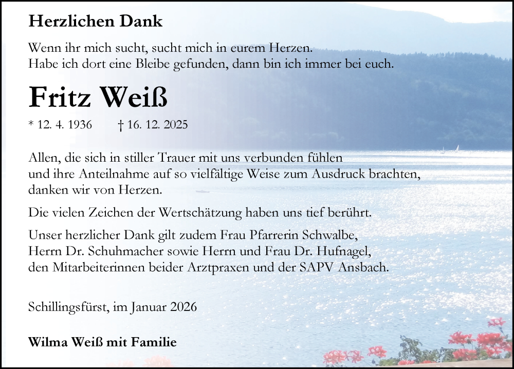  Traueranzeige für Fritz Weiß vom 24.01.2026 aus Rothenburg