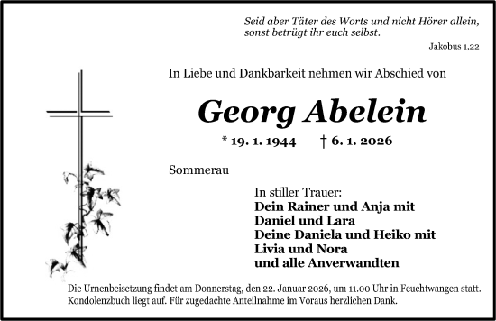 Traueranzeige von Georg Abelein von Dinkelsbühl/ Feuchtwangen