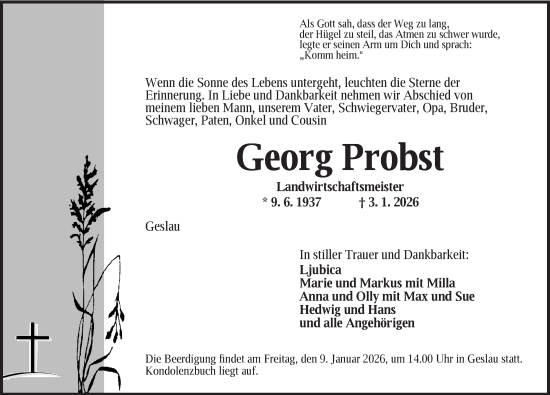 Traueranzeige von Georg Probst von Rothenburg