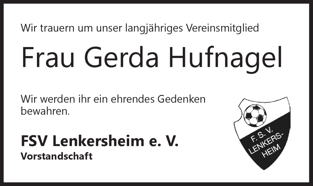  Traueranzeige für Gerda Hufnagel vom 22.01.2026 aus Neustadt/ Scheinfeld/ Uffenheim