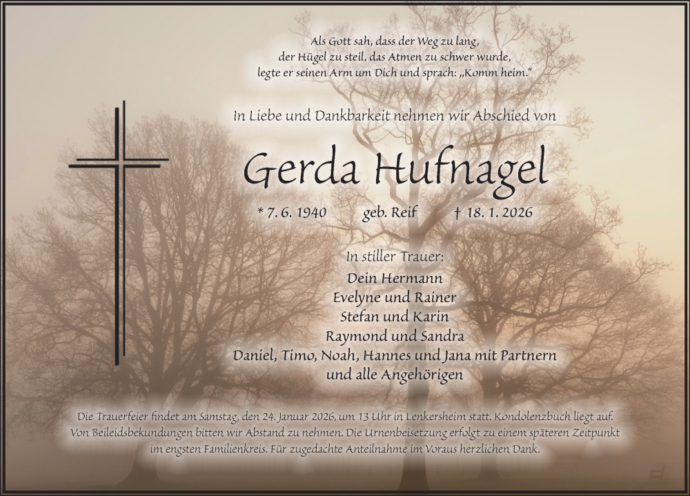  Traueranzeige für Gerda Hufnagel vom 22.01.2026 aus Neustadt/ Scheinfeld/ Uffenheim