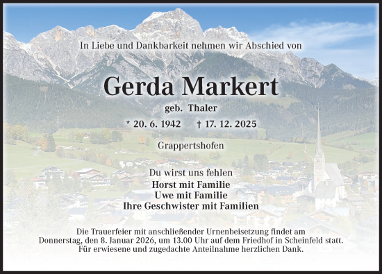Traueranzeige von Gerda Markert von Neustadt/ Scheinfeld/ Uffenheim