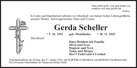 Traueranzeige von Gerda Scheller von Neustadt/ Scheinfeld/ Uffenheim