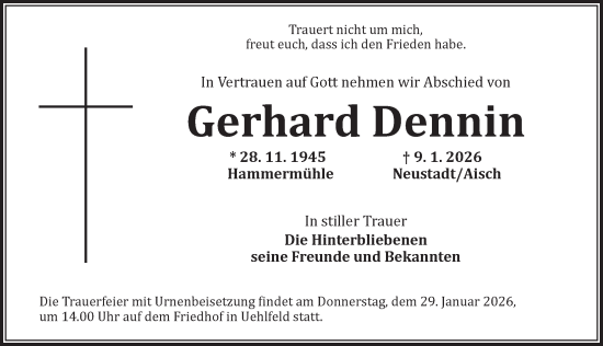 Traueranzeige von Gerhard Dennin von Neustadt/ Scheinfeld/ Uffenheim