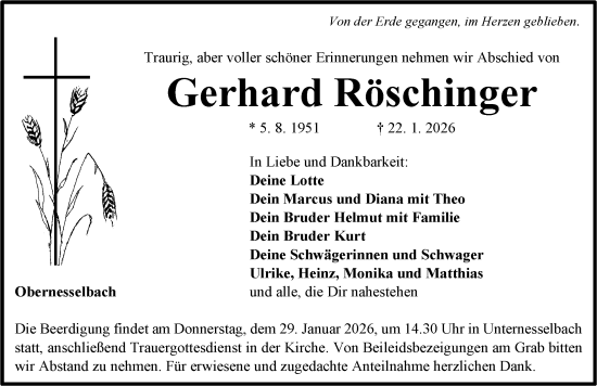 Traueranzeige von Gerhard Röschinger von Neustadt/ Scheinfeld/ Uffenheim