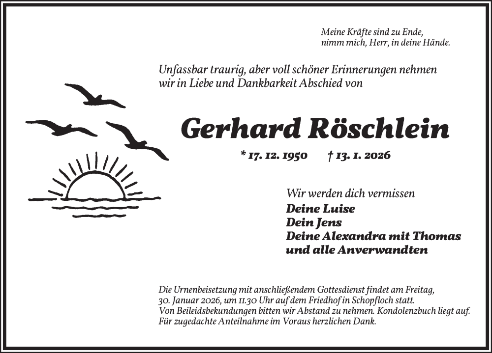  Traueranzeige für Gerhard Röschlein vom 28.01.2026 aus Dinkelsbühl/ Feuchtwangen