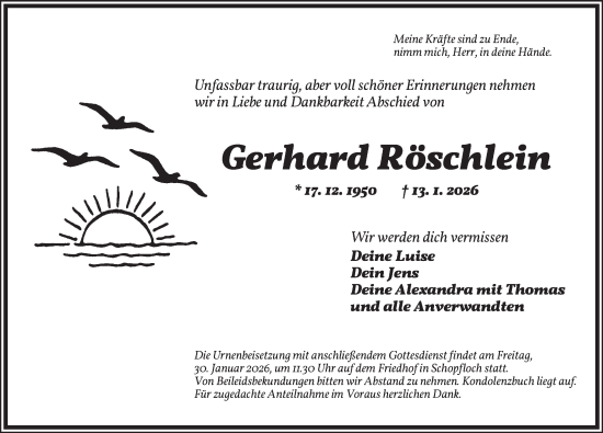 Traueranzeige von Gerhard Röschlein von Dinkelsbühl/ Feuchtwangen