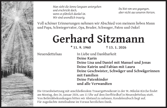 Traueranzeige von Gerhard Sitzmann von Ansbach