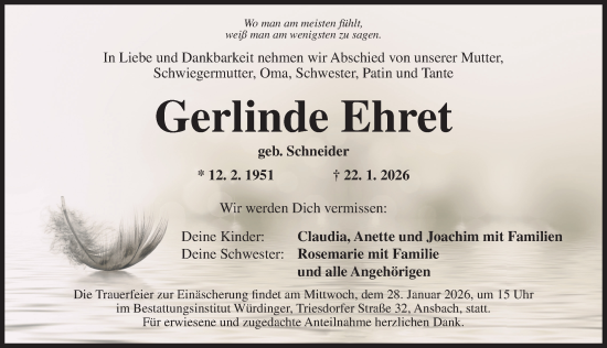 Traueranzeige von Gerlinde Ehret von Ansbach