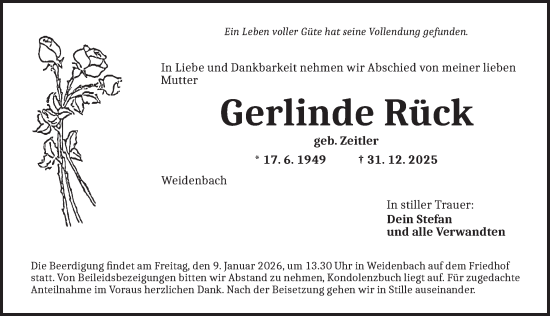Traueranzeige von Gerlinde Rück von Ansbach