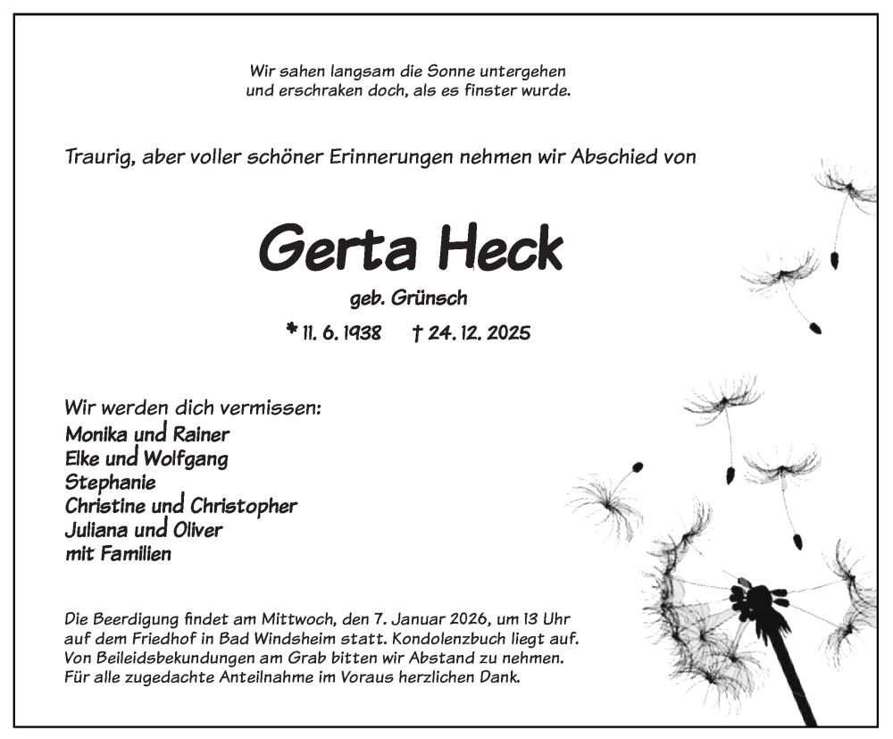  Traueranzeige für Gerta Heck vom 03.01.2026 aus Neustadt/ Scheinfeld/ Uffenheim