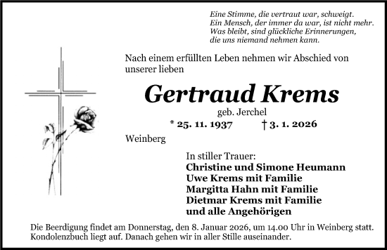 Traueranzeige von Gertraud Krems von Dinkelsbühl/ Feuchtwangen