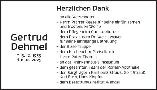 Traueranzeige von Gertrud Dehmel von Dinkelsbühl/ Feuchtwangen