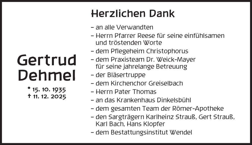  Traueranzeige für Gertrud Dehmel vom 31.01.2026 aus Dinkelsbühl/ Feuchtwangen
