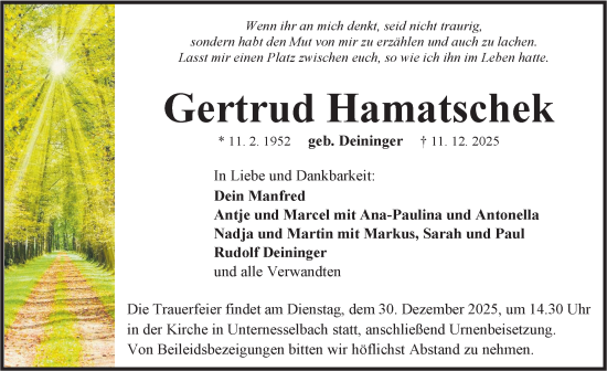 Traueranzeige von Gertrud Hamatschek von Neustadt/ Scheinfeld/ Uffenheim
