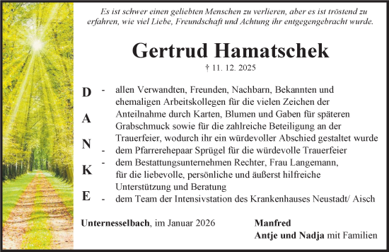 Traueranzeige von Gertrud Hamatschek von Neustadt/ Scheinfeld/ Uffenheim