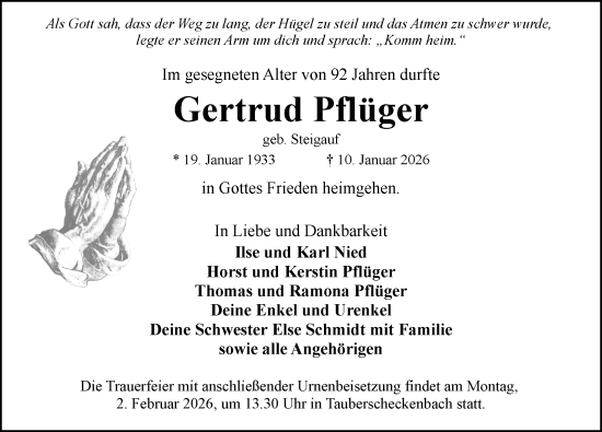 Traueranzeige von Gertrud Pflüger von Rothenburg