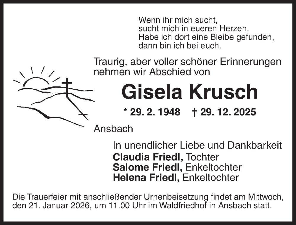  Traueranzeige für Gisela Krusch vom 17.01.2026 aus Ansbach