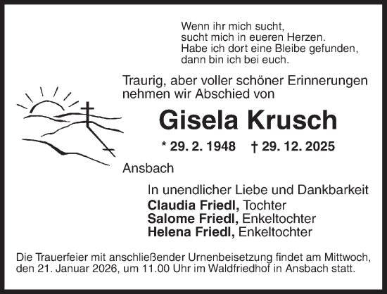 Traueranzeige von Gisela Krusch von Ansbach