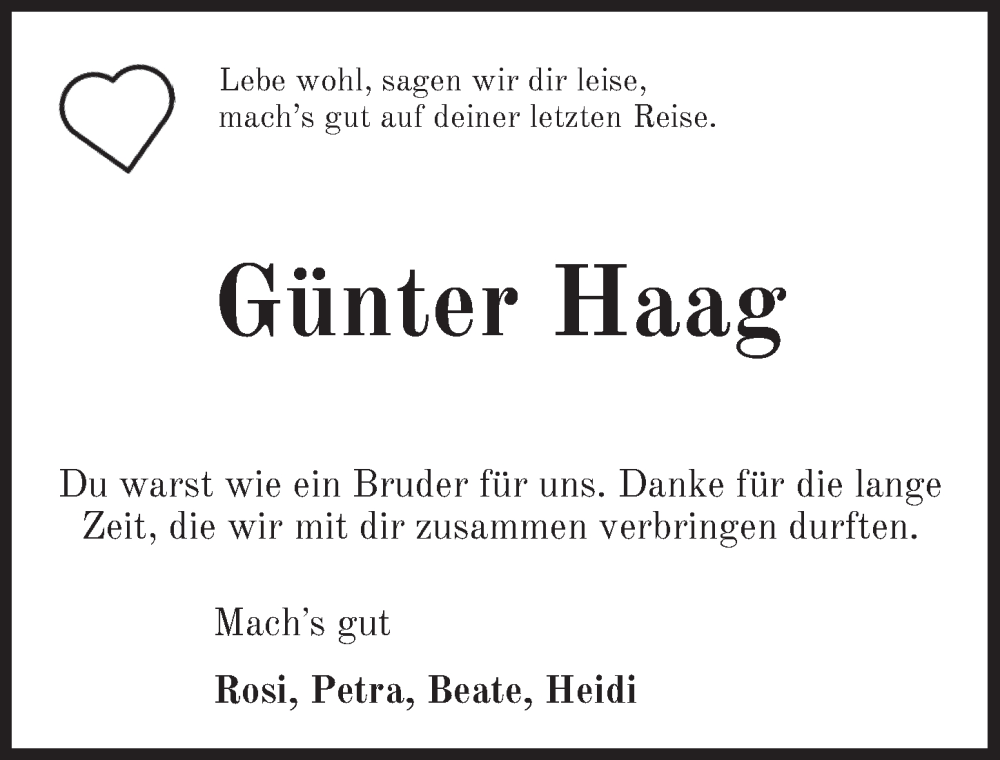  Traueranzeige für Günter Haag vom 10.01.2026 aus Ansbach