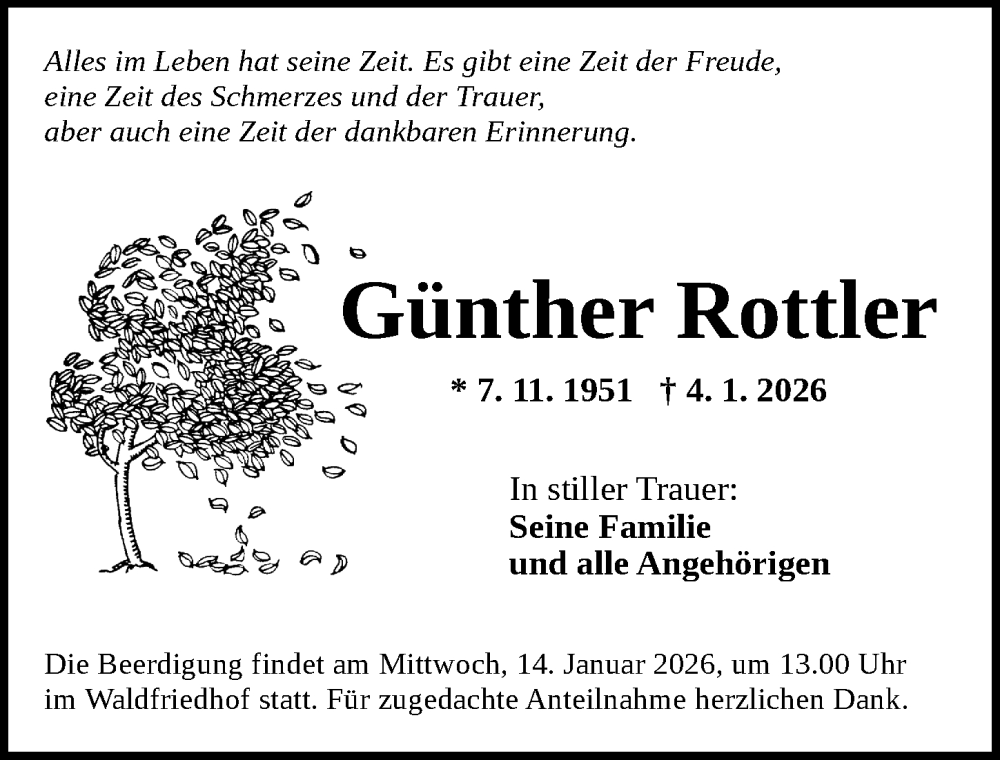  Traueranzeige für Günther Rottler vom 10.01.2026 aus Ansbach