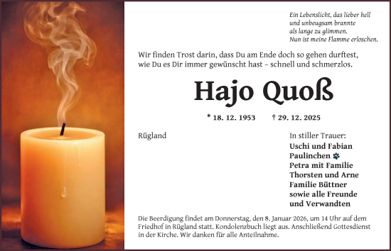 Traueranzeige von Hajo Quoß von Ansbach