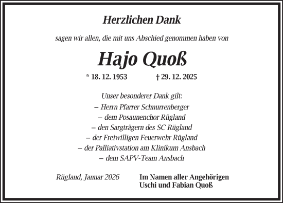 Traueranzeige von Hajo Quoß von Ansbach